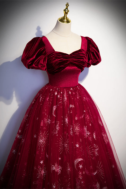 Wine Red Velvet and Tulle Short Sleeves Princess Dress