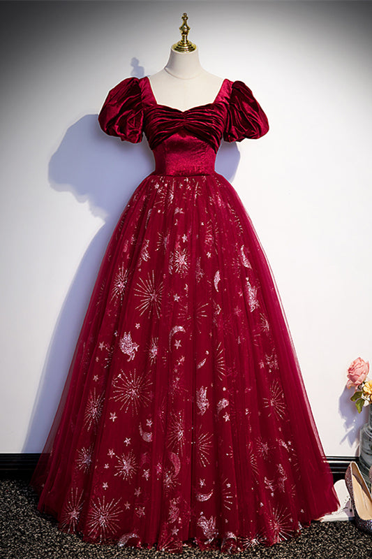 Wine Red Velvet and Tulle Short Sleeves Princess Dress  Dressesforparty