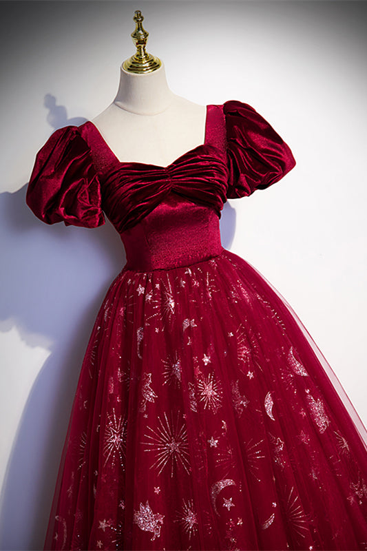 Wine Red Velvet and Tulle Short Sleeves Princess Dress