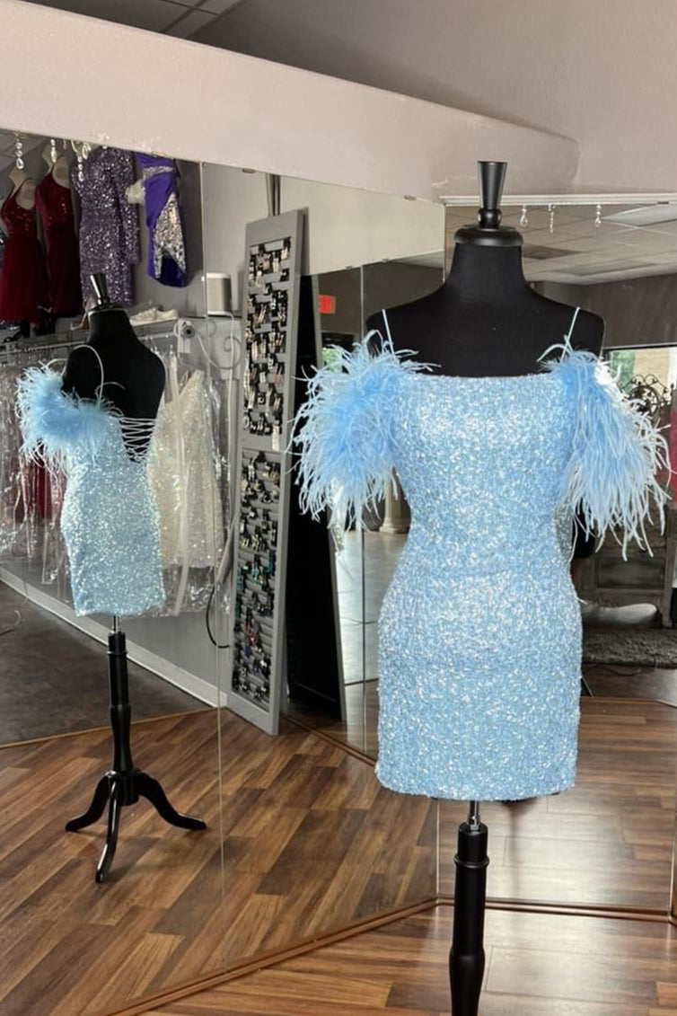 Light Blue Sequin Spaghetti Straps Fur Tight Homecoming Dress