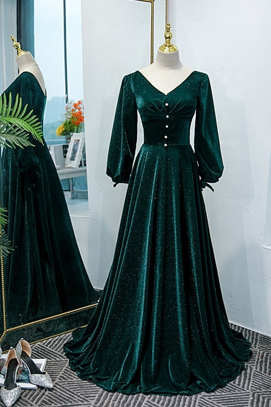 Long Sleeves Green Velvet Long Formal Dress
