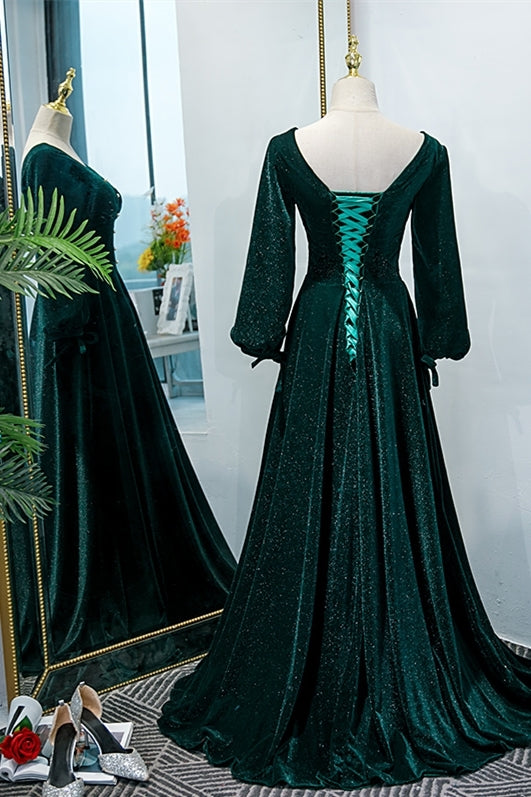 Long Sleeves Green Velvet Long Formal Dress