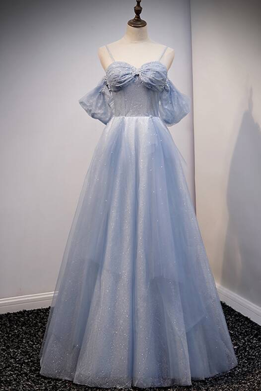 Light Blue Off the Shoulder Tulle Long Prom Dress