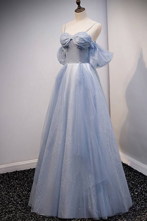 Light Blue Off the Shoulder Tulle Long Prom Dress