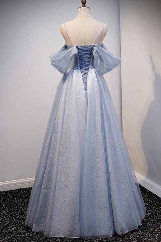 Light Blue Off the Shoulder Tulle Long Prom Dress