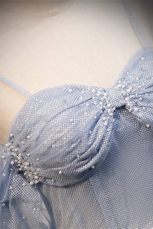 Light Blue Off the Shoulder Tulle Long Prom Dress