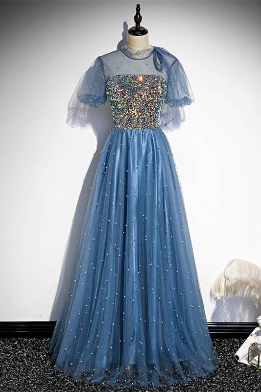 Princess Short Sleeves Blue A-line Party Dress