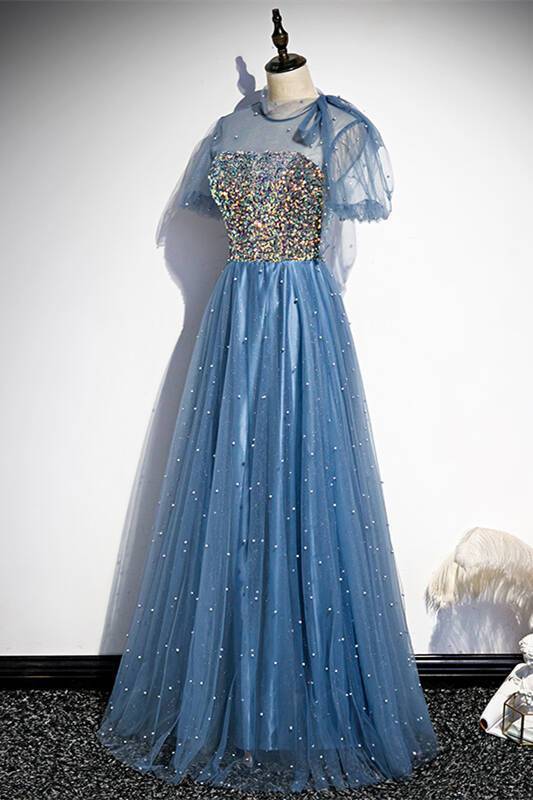 Princess Short Sleeves Blue A-line Party Dress
