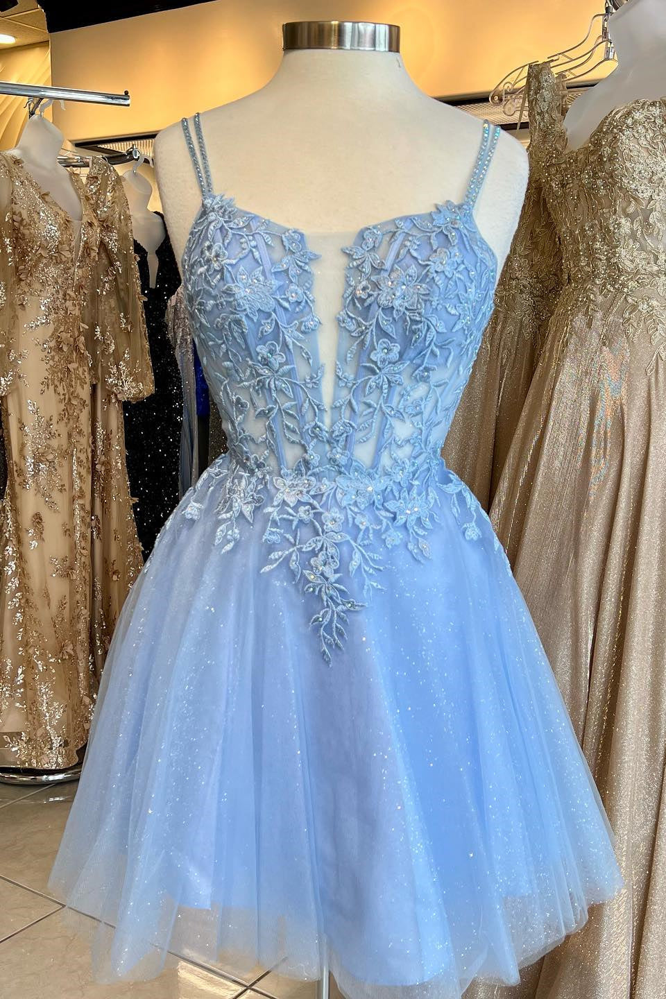 Straps Blue Appliques A-line Short Princess Dress