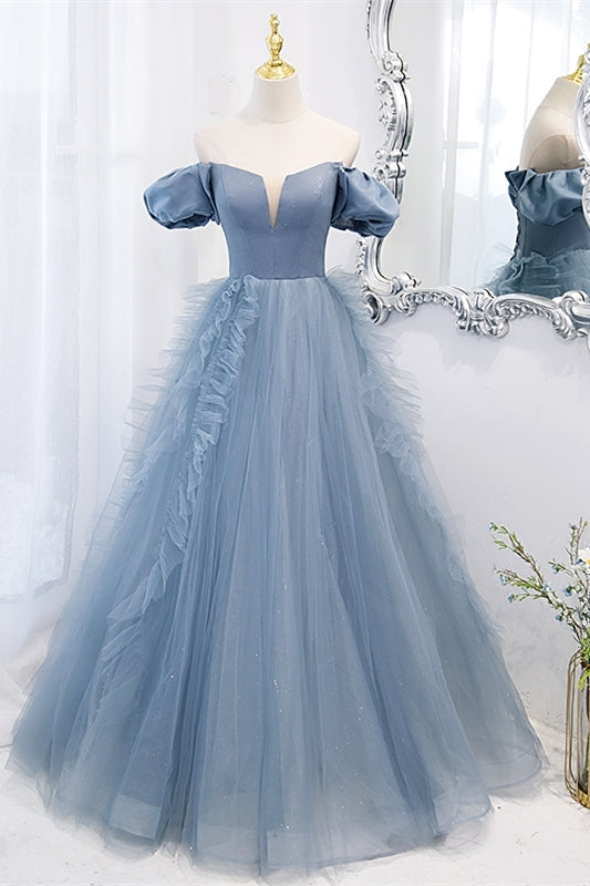 Strapless Blue A-line Long prom Gown 