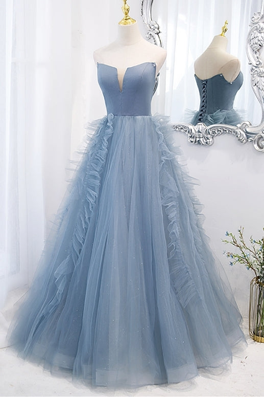 Strapless Blue A-line Long prom Gown 