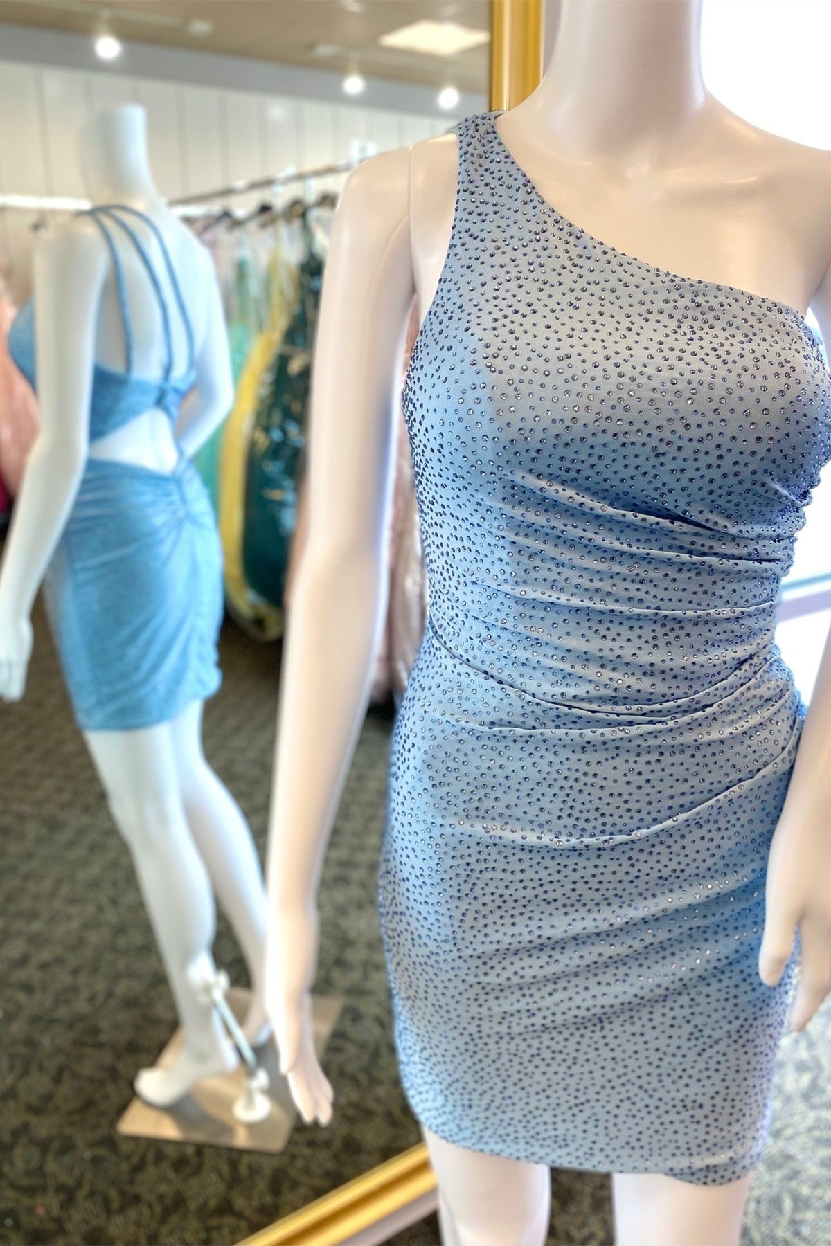 Beaded One Shoulder Light Blue Bodycon Mini Homecoming Dress –  Dressesforparty