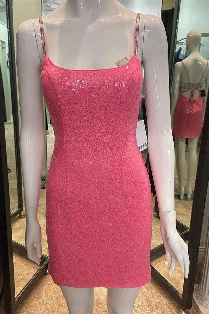 Pink Sequins Straps Bodycon Mini Party Dress