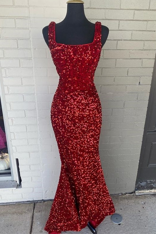 Red Sequin Square Neck Mermaid Long Formal Dress