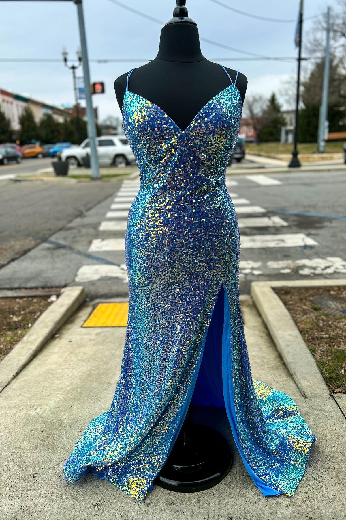 Blue Sequin Straps Mermaid Long Party Dress with Slit