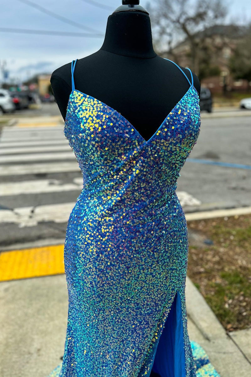 Blue Sequin Straps Mermaid Long Party Dress with Slit