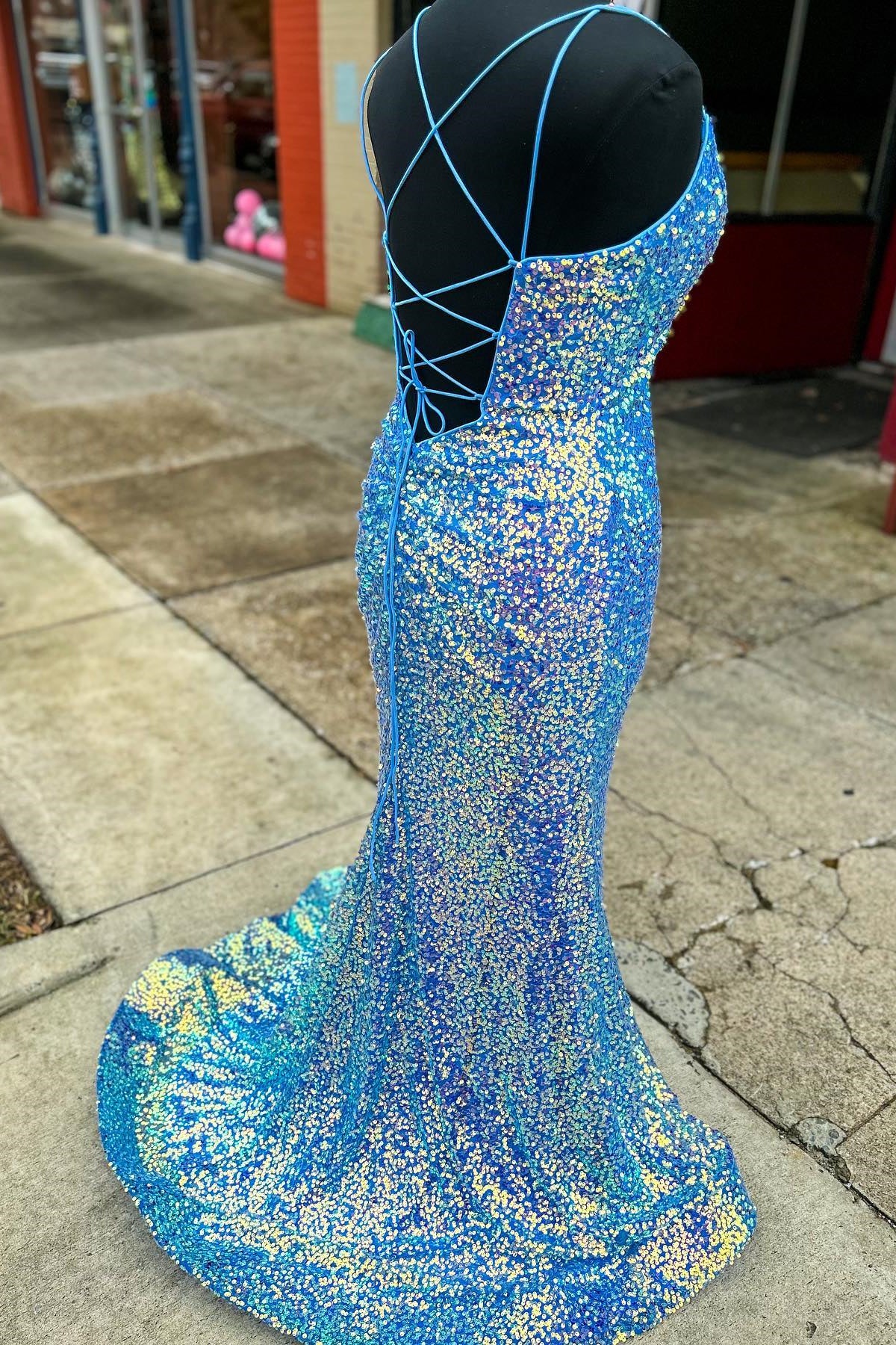 Blue Sequin Straps Mermaid Long Party Dress with Slit