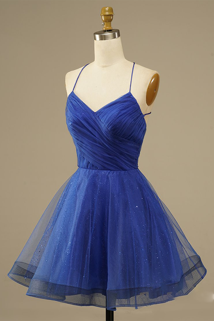 Simple Blue Straps A-line Pleated Short Homecoming Dress
