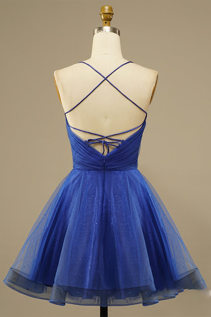 Simple Blue Straps A-line Pleated Short Homecoming Dress