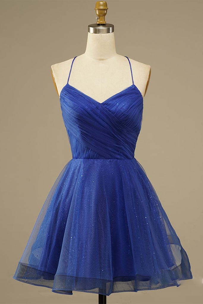 Simple Blue Straps A-line Pleated Short Homecoming Dress