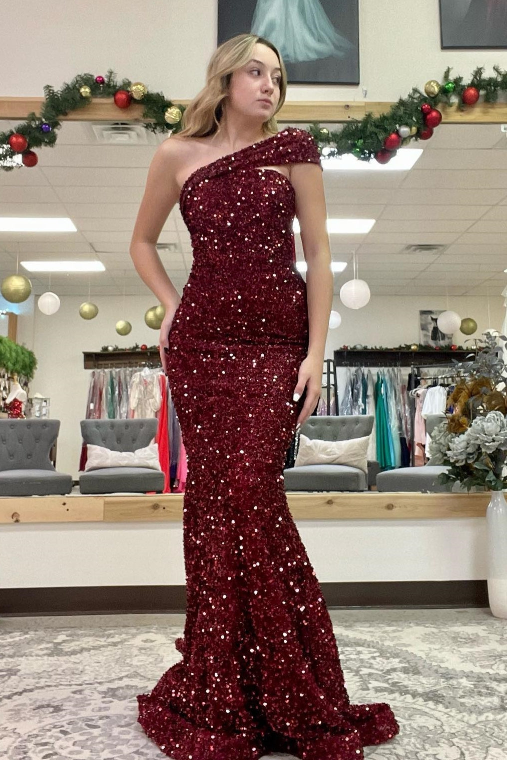 One Shoulder Burgundy Sequin Mermaid Long Evening Dress Dressesforparty One Shoulder Burgundy Sequin Mermaid Long Evening Dress Dressesforparty