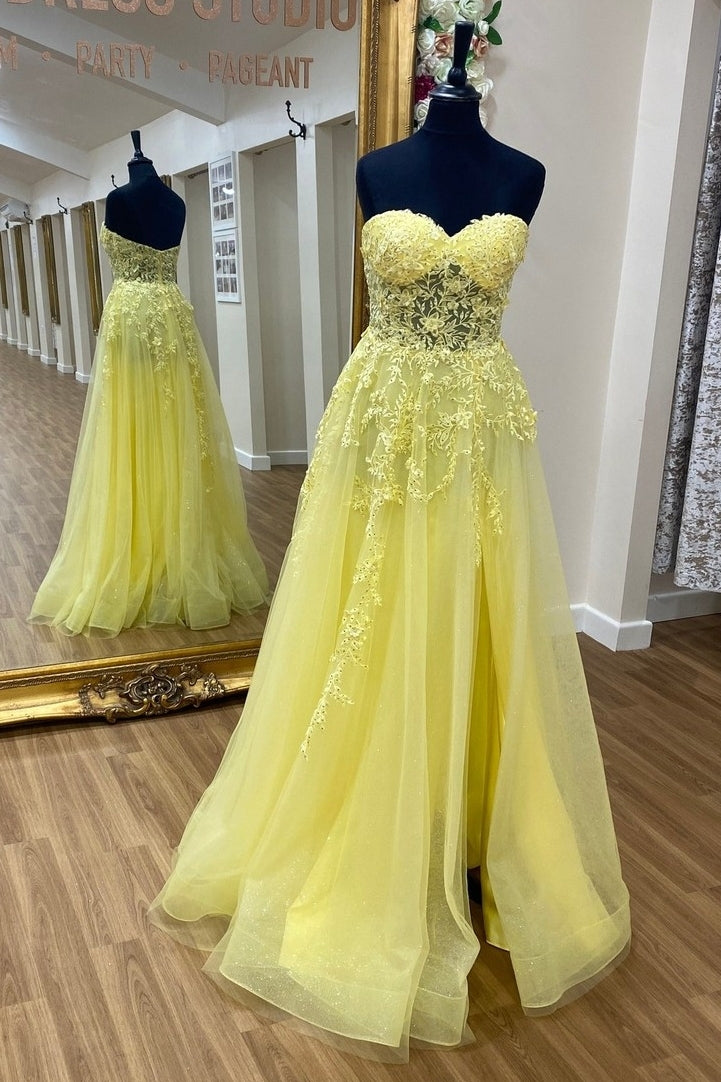 Sweetheart Yellow Lace Appliques Long Prom Dress