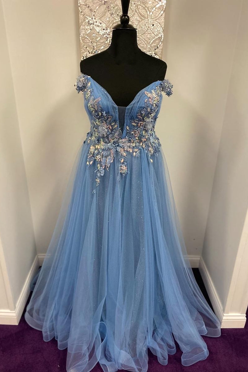 Off the Shoulder Blue Floral Appliques A-line Long Formal Dress
