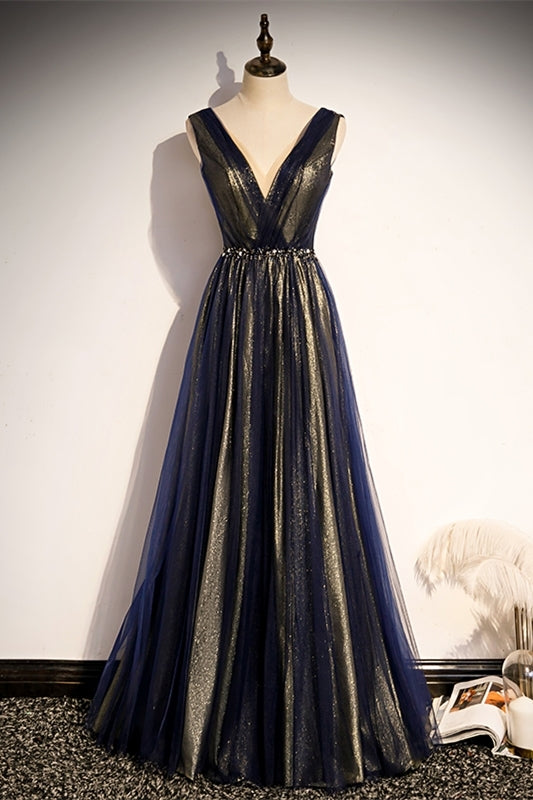 Navy Blue A-line Tulle Long Party Dress