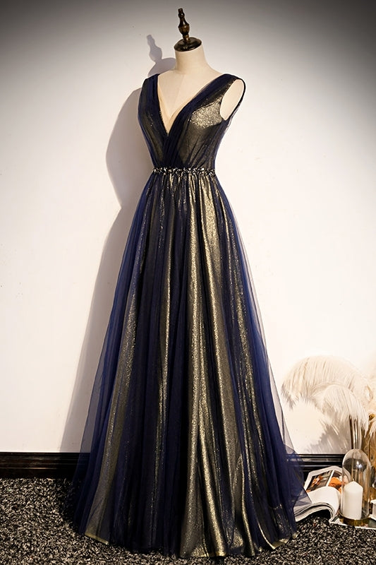 Navy Blue A-line Tulle Long Party Dress