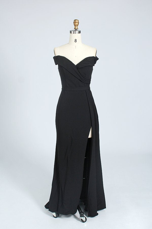 Elegant Black Off the Shoulder Mermaid Long Prom Dress with Slit