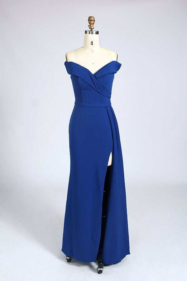Elegant Royal Blue Off the Shoulder Mermaid Long Prom Dress with Slit