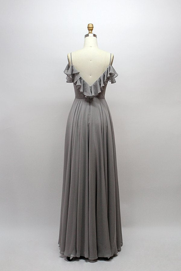 Straps Grey Chiffon A-line Long Bridesmaid Dress