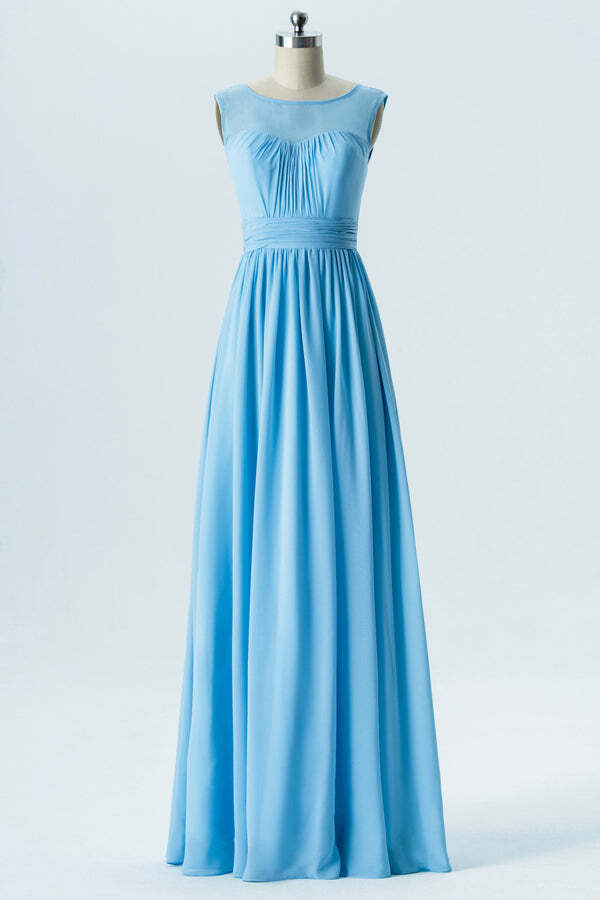 Simple Blue A-line Chifon Scoop Long Bridesmaid Dress