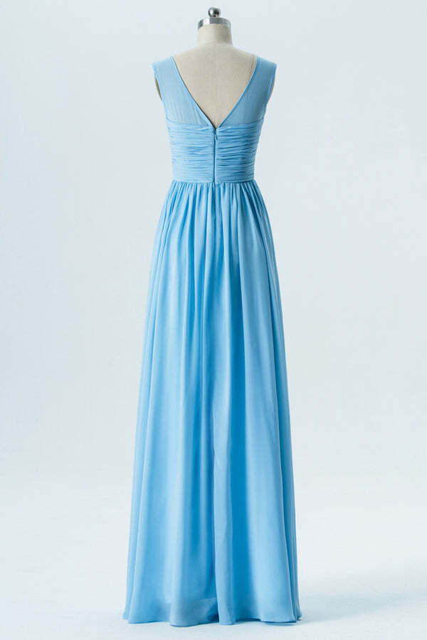 Simple Blue A-line Chifon Scoop Long Bridesmaid Dress