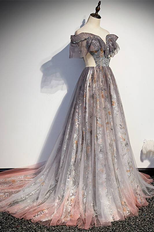 Black Floral Off the Shoulder Long Evening Dress