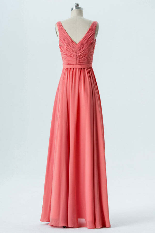 Coral Chiffon A-line Pleated Long Bridesmaid Dress