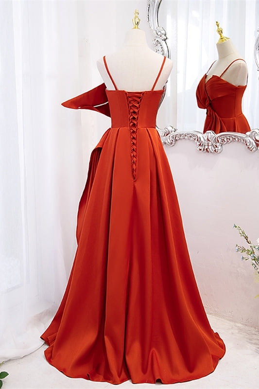 Orange Spaghetti Straps Knotted Satin A-line Long Dress
