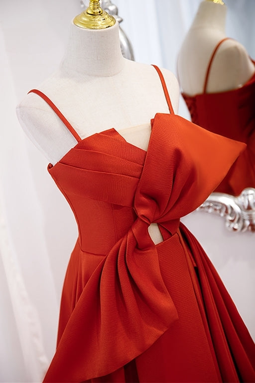Orange Spaghetti Straps Knotted Satin A-line Long Dress