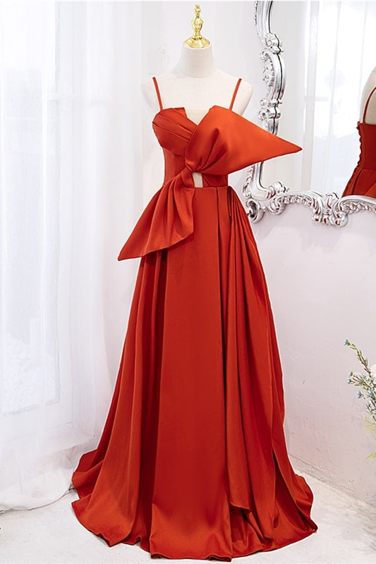 Orange Spaghetti Straps Knotted Satin A-line Long Dress