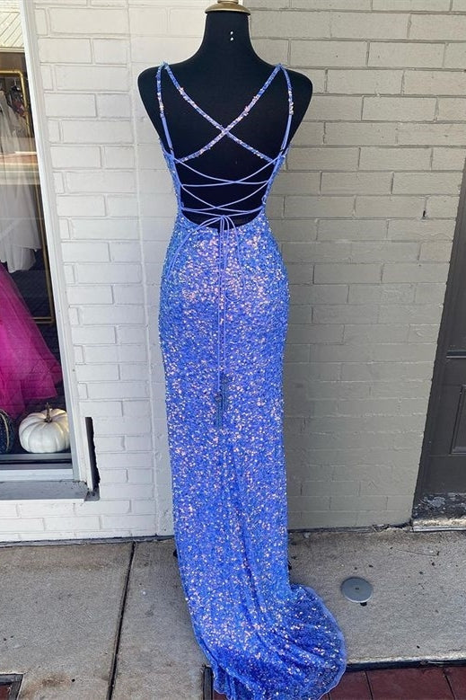 Blue Sequin Straps Mermaid Long Party Dress with Slit
