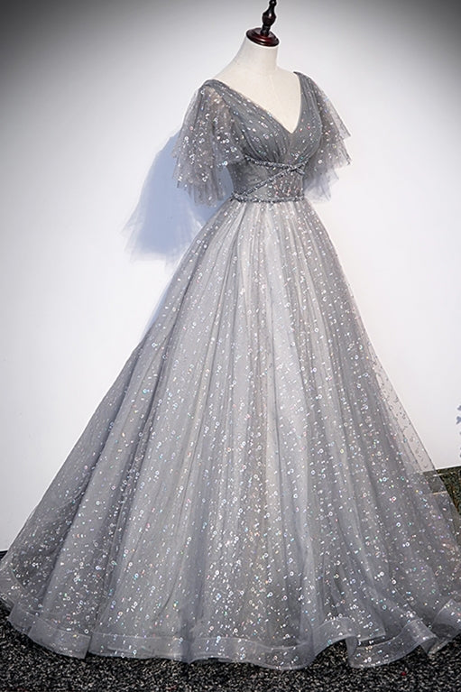Grey V Neck A-line Long Formal Gown with Flutter Sleeves