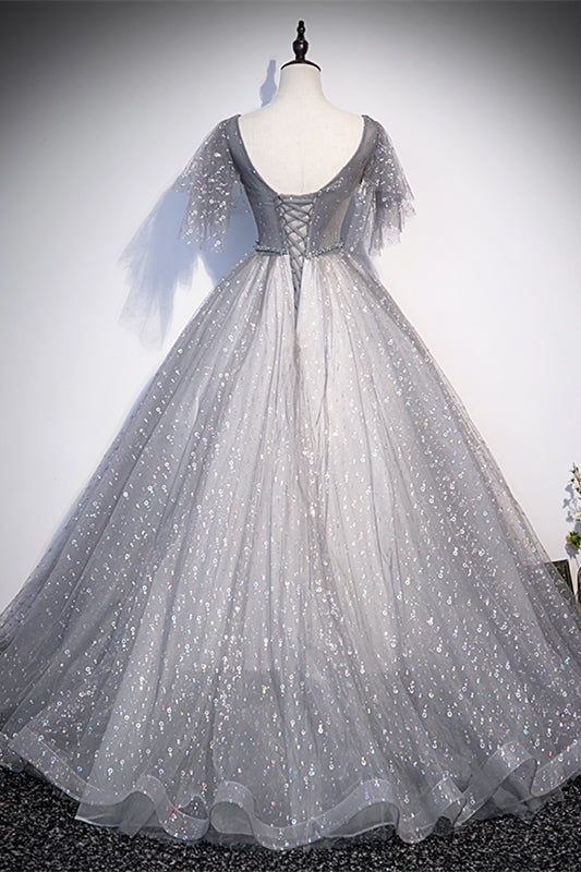 Grey V Neck A-line Long Formal Gown with Flutter Sleeves