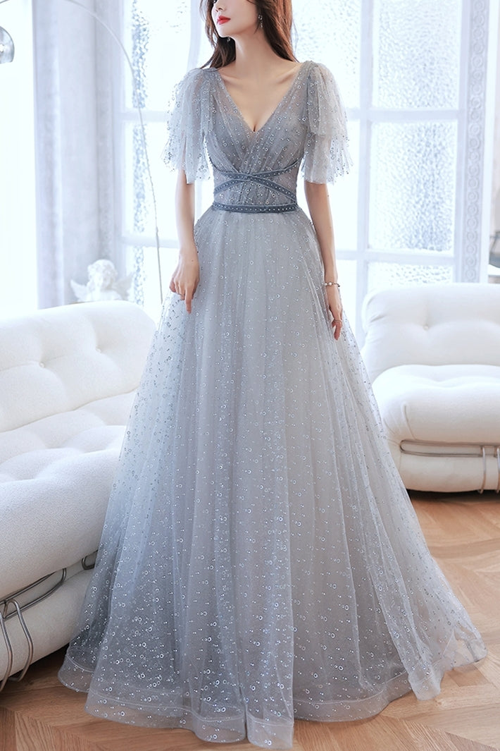 Grey V Neck A-line Long Formal Gown with Flutter Sleeves