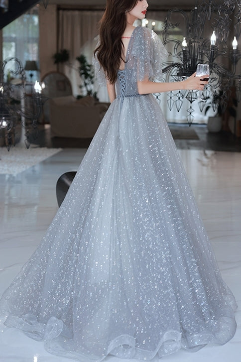 Grey V Neck A-line Long Formal Gown with Flutter Sleeves