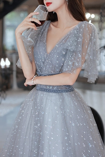 Grey V Neck A-line Long Formal Gown with Flutter Sleeves