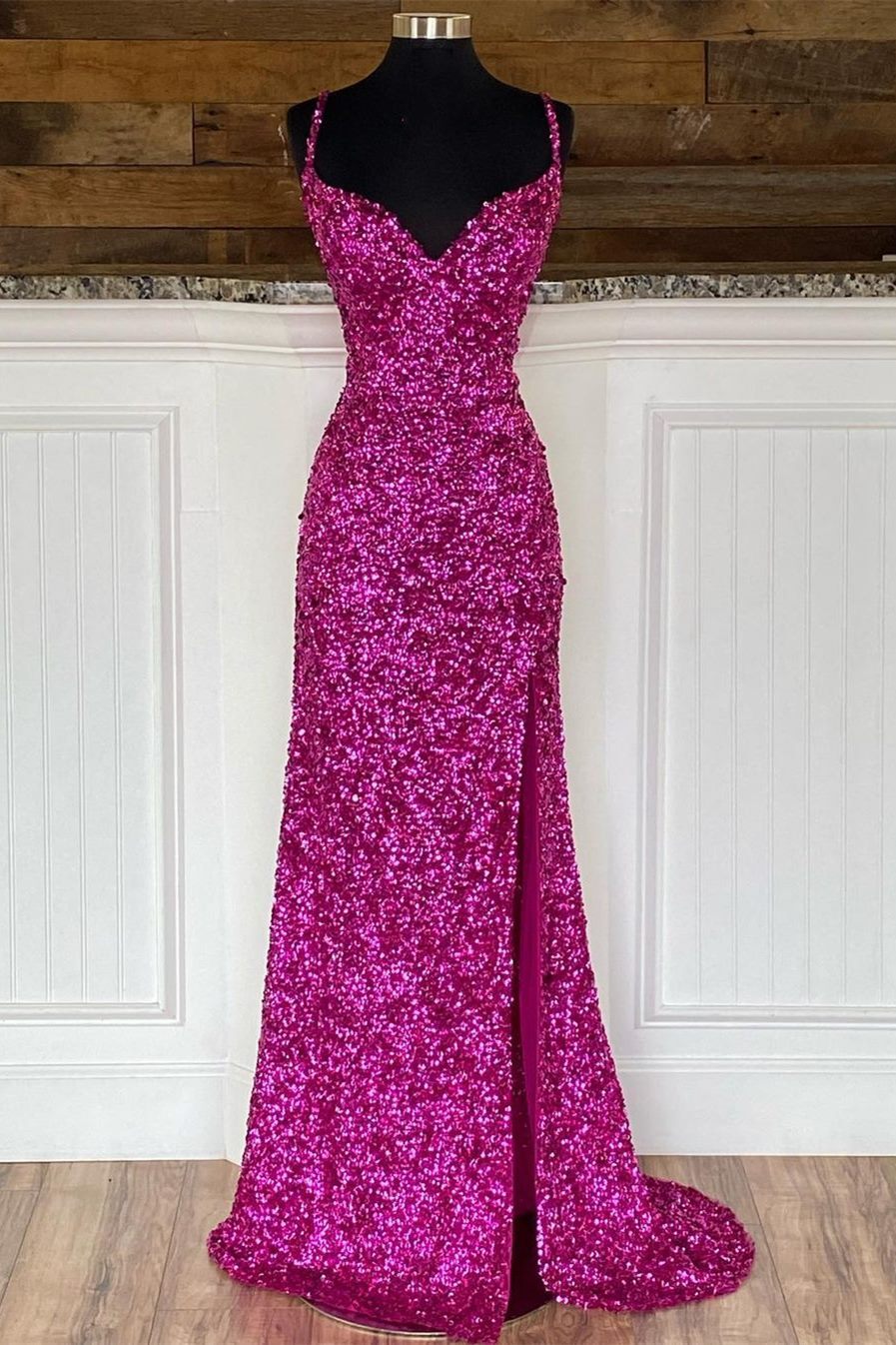 Fuchsia Sequins Mermaid Long Prom Dress with Slit