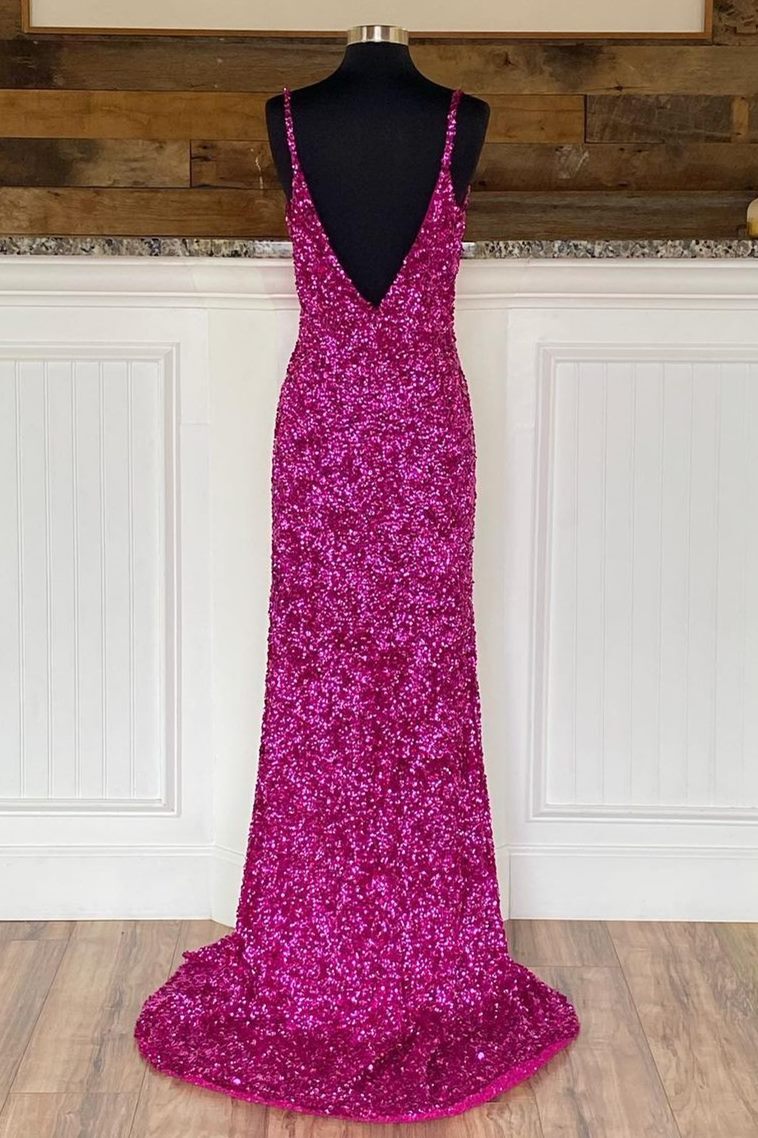 Fuchsia Sequins Mermaid Long Prom Dress with Slit
