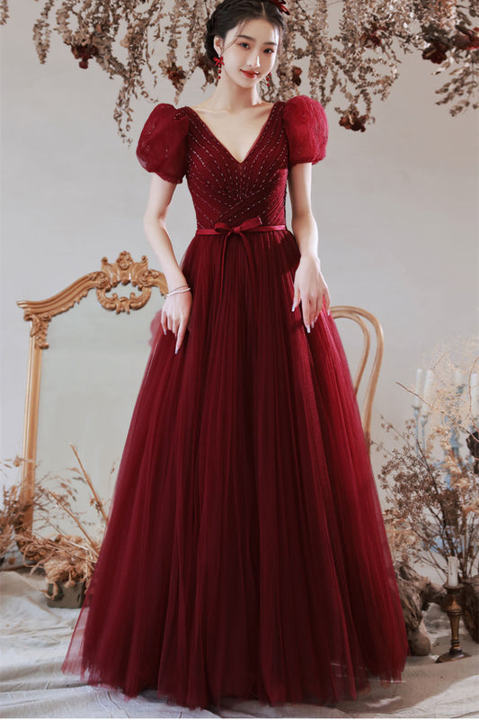 Princess Burgundy A-line Tulle Long Formal Dress