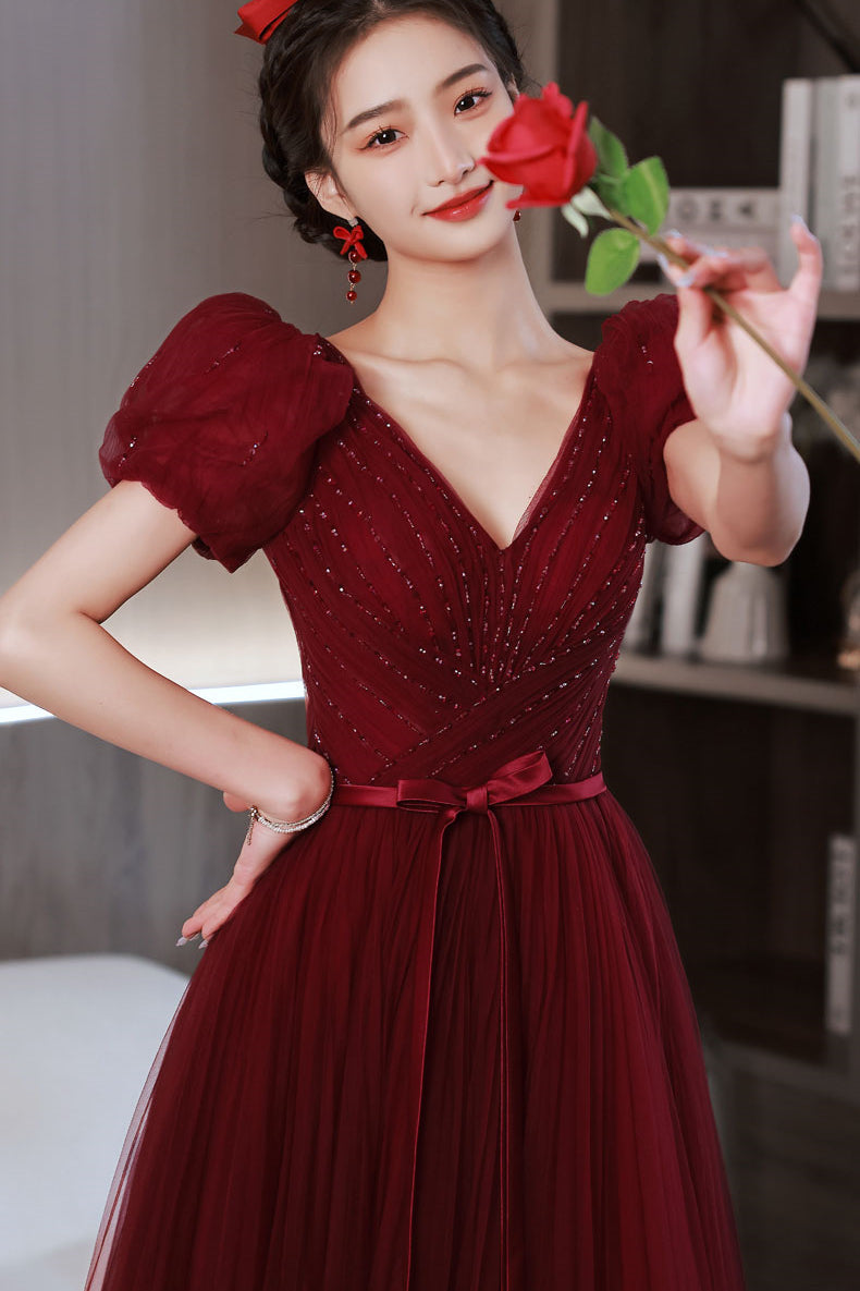 Princess Burgundy A-line Tulle Long Formal Dress