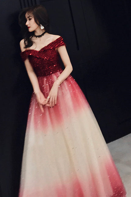 Sparkle Off the Shoulder Wine Red Long Party Dress